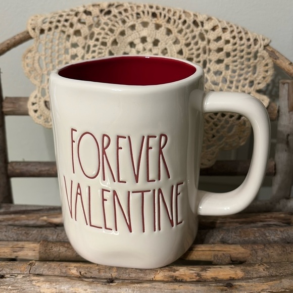 NEW  Rae Dunn  FOREVER VALENTINE CERAMIC MUG RED INSIDE - Picture 1 of 7